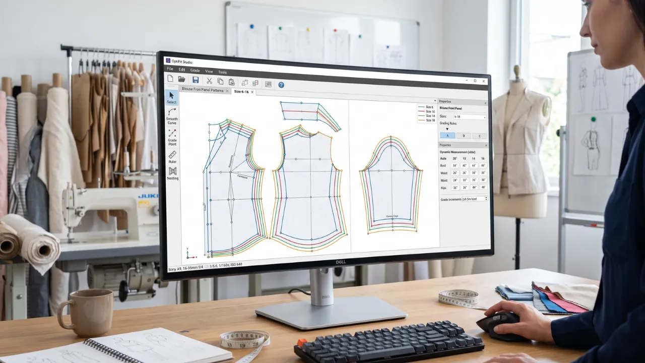 Drafting a blouse pattern on CAD at the Size Hub studio in Coimbatore